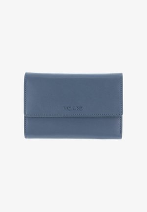 Portefeuille en cuir bleu à texture lisse, de forme rectangulaire avec des bords cousus. Présente le nom de la marque "PICARD" embossé sur le devant.