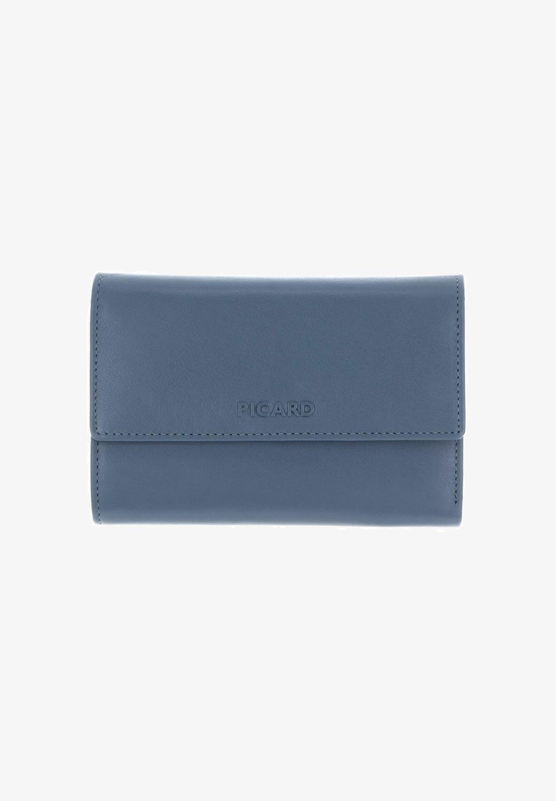 Portefeuille en cuir bleu à texture lisse, de forme rectangulaire avec des bords cousus. Présente le nom de la marque "PICARD" embossé sur le devant.