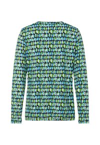 Langarmshirt mit geometrischem Muster in Blau- und Grüntönen auf navy Hintergrund; aus weichem, dehnbarem Material gefertigt.