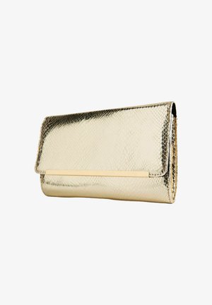 Clutch in pelle di serpente oro con superficie testurizzata, caratterizzata da una forma rettangolare elegante e un accento in metallo dorato nella parte frontale.