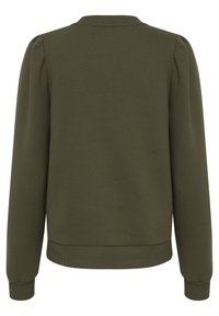 Dunkelgrüner Sweatshirt mit langen Ärmeln, gerippten Bündchen und Saum, mit dezenten Falten an den Schultern für zusätzliche Textur.