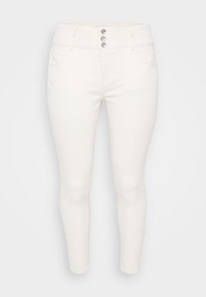 Valkoiset kapeat farkut, joissa on korkea vyötärö, viisi taskua ja kolmonen nappisuljenta edessä. Sileä rakenne kauttaaltaan.