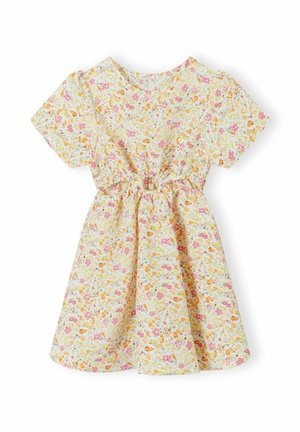 Blomstret kjole med korte ærmer, elastisk talje og en udvidet nederdel. Stoffet har en lys gul baggrund med blomster i pink, orange og grøn.