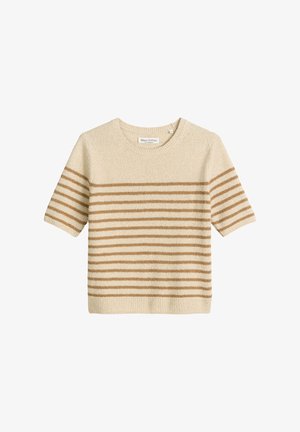 Beżowy sweter z krótkim rękawem w brązowe poziome paski. Posiada okrągły dekolt i fakturowaną dzianinę. Metka marki: Mare O'Polo.