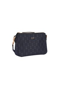 Dark navy crossbody bag made from textured material with a subtle floral pattern, gold hardware, and a zip closure. Brand logo displayed on front.
