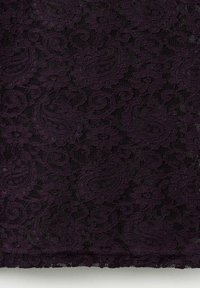 Black lace fabric featuring a paisley pattern, with a textured surface and intricate detailing. The color is a deep, rich purple.