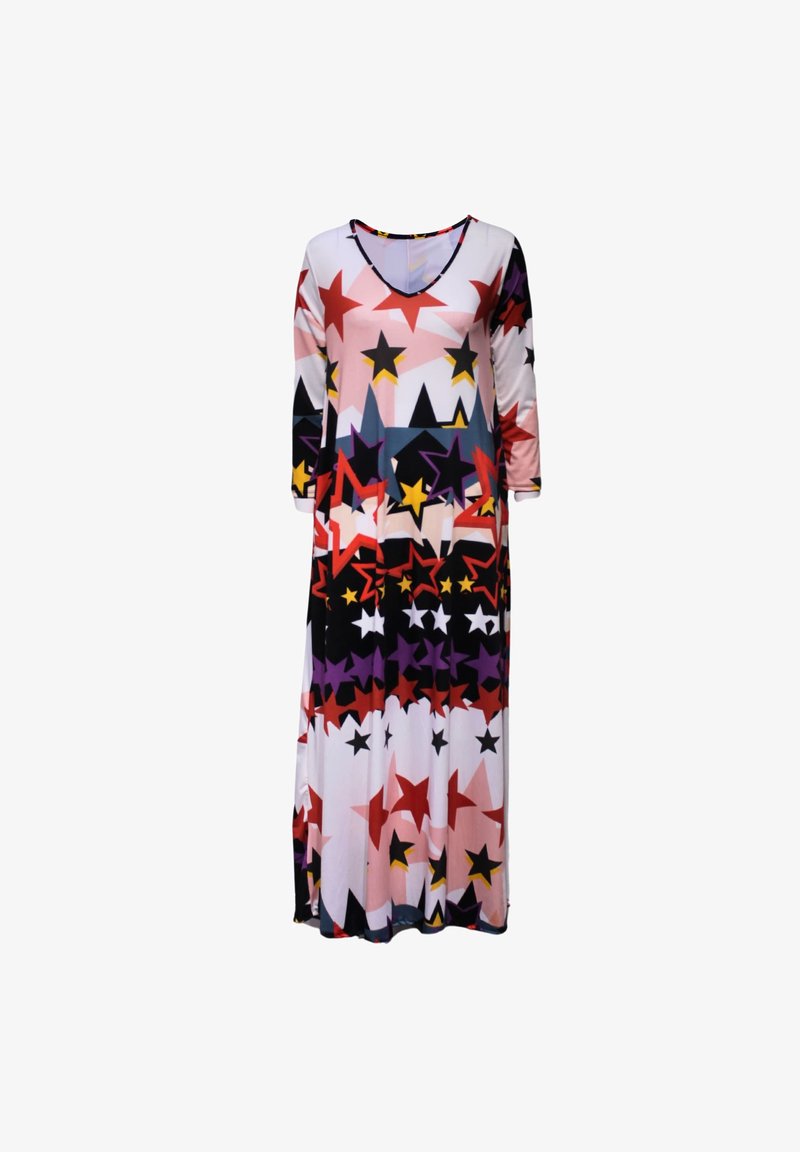 Vestido largo y suelto hecho de una tela elástica que presenta un estampado de estrellas multicolores en rojo, rosa, púrpura y negro, con mangas de tres cuartos.