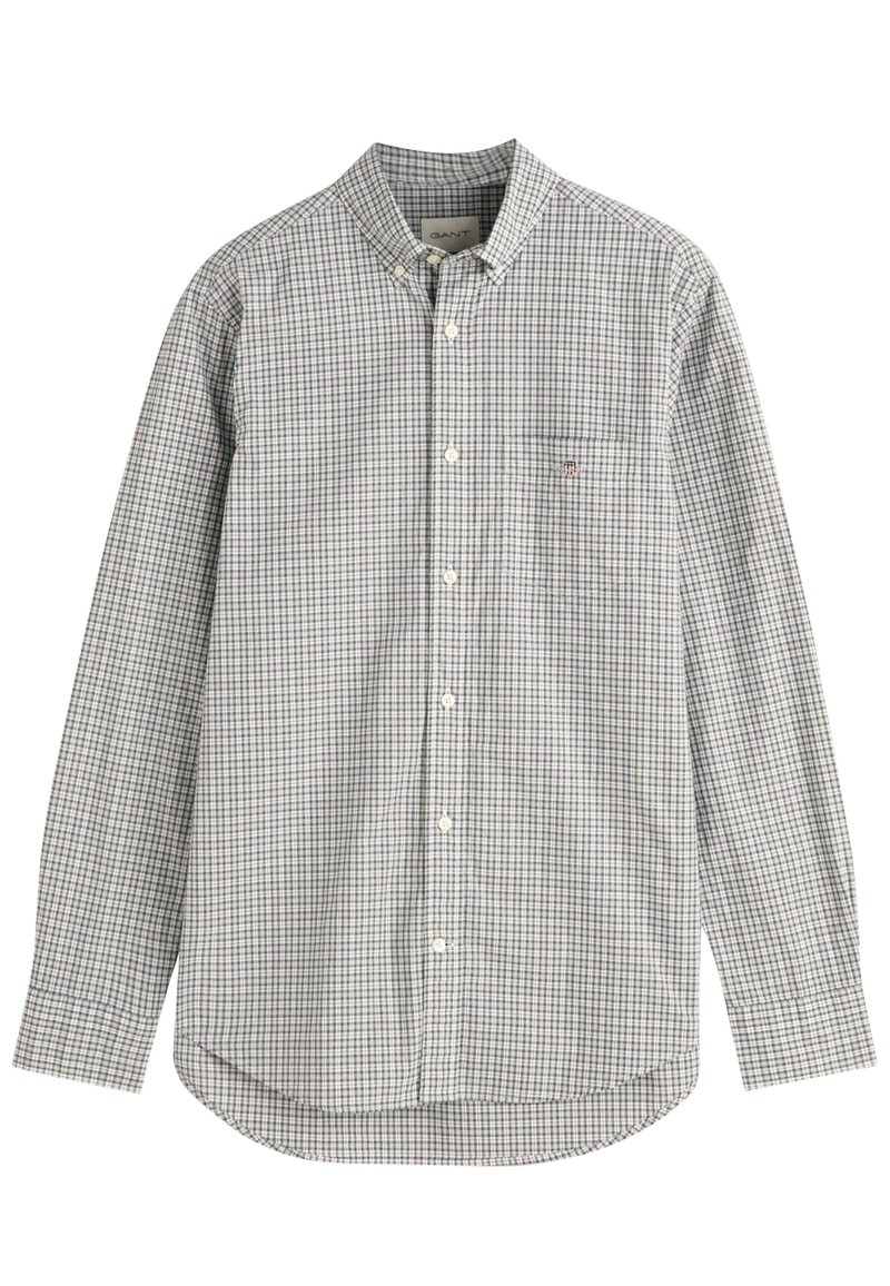 Hemd mit Button-Down-Kragen im karierten Muster in Grün, Blau und Weiß; verfügt über einen Kragen, lange Ärmel, eine Brusttasche und weiße Knöpfe. Aus Baumwollstoff.
