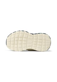 Shoe sole with textured rubber pattern, featuring a cream base and dark blue accents along the edge, designed for traction and support.