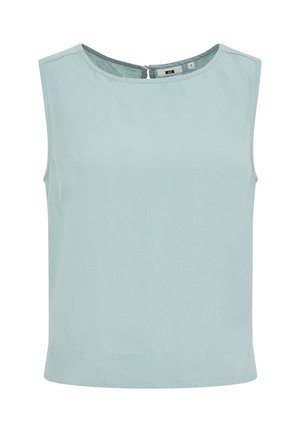 Blouse sans manches en coton bleu clair avec col rond et fermeture boutonnée au dos, taille petite.