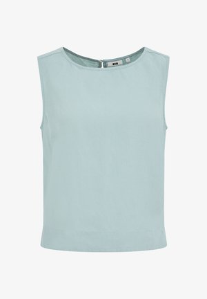 Varrukateta helesinine puuvillane pluus ümmarguse kaelusega ja seljal nööpidega kinnitusega, suurus väike.