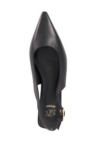 Black leather pointed toe pump with an open side, featuring a slim heel and gold-tone buckle accent on the ankle strap.