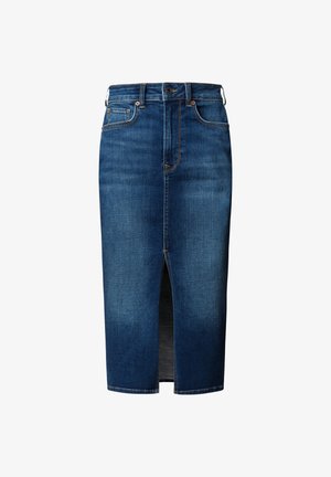 Falda midi de mezclilla azul oscuro con abertura frontal, cierre de botones, trabillas para cinturón y bolsillos delanteros.