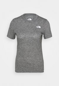 Short-sleeve grey t-shirt made of a textured fabric, featuring a white logo on the upper left chest area and a classic crew neck design.