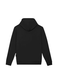 Felpa nera con cappuccio e maniche lunghe, realizzata in tessuto morbido. Presenta una tasca a marsupio e polsini e orlo ribattuti.
