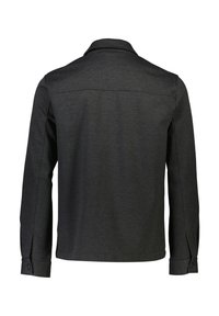 Veste à manches longues gris foncé avec col vue de dos, avec poignets boutonnés et ourlet droit.