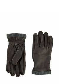 Sorte læderhandsker med grå strikkede manchetter, der har en glat tekstur, fem-finger design og diskrete syninger.