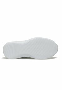 White shoe sole with a textured, ridged pattern; durable material; rounded shape; smooth edges for comfort and traction.