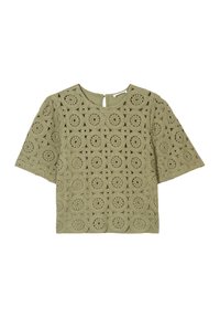 Top en crochet vert olive avec des manches courtes et un décolleté rond. Le design comprend des motifs circulaires et une fermeture en forme de trou de serrure au dos.