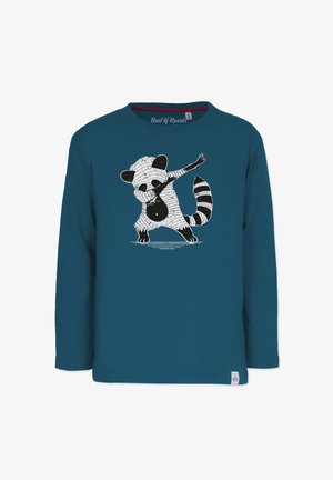 Langærmet skjorte i teal-farve lavet af stof med et sort-hvidt vaskebjørn-graphic. Ribbet runde halsudskæring med detalje på siden.