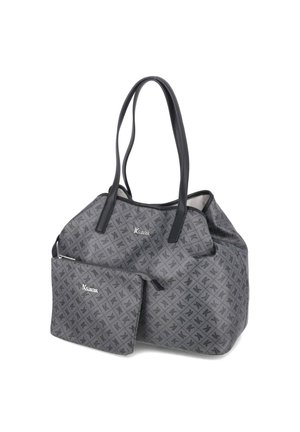 Grote grijze shopper met zwart patroon, twee zwarte handvatten en een bijpassend rits-etui aan de voorkant bevestigd. Beide tonen een zilverkleurig logo.