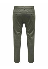 Green, tapered trousers with a smooth texture, featuring two back pockets and a subtle sheen. Made of a lightweight fabric blend.