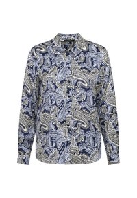 Long-sleeve shirt in navy blue with white paisley pattern, featuring a button-down collar and front buttons, made from a lightweight fabric.
