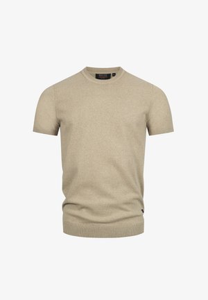 Beiger, kurzärmeliger Pullover aus Strickstoff. Verfügt über einen gerippten Halsausschnitt und Saum sowie ein kleines Logotag unten links.