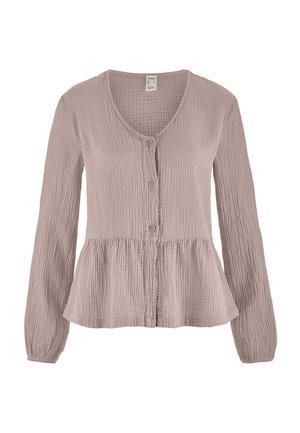 Helllila Bluse mit langen Ärmeln aus strukturiertem Stoff, Rundhalsausschnitt, drei Knöpfen vorne und einem Schößchen am Saum.