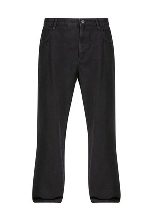 Jeanși negri din denim, cu un design cu picior drept, stil cu cinci buzunare, închidere cu nasture și o textură ușor decolorată.