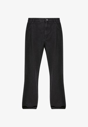 Schwarze Jeans aus Denim mit geradem Bein, fünf Taschen, Knopfverschluss und leichter Ausbleichung.