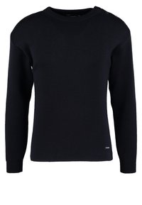 Pull en maille bleu marine avec un col rond, des manches longues et trois boutons décoratifs sur l'épaule gauche. Texture lisse.