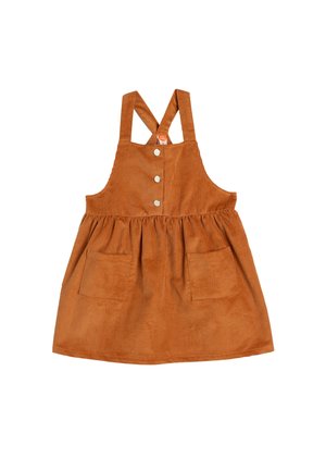 Vestido de pana en naranja quemado con tirantes cruzados ajustables, botones en la parte delantera y dos grandes bolsillos en la falda. Tela texturada con patrón acanalado.