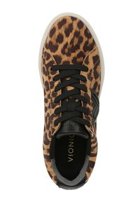 Leopard print sneaker with a textured fabric upper, black laces, and a rubber sole. Features a black accent on the side and gold branding inside.