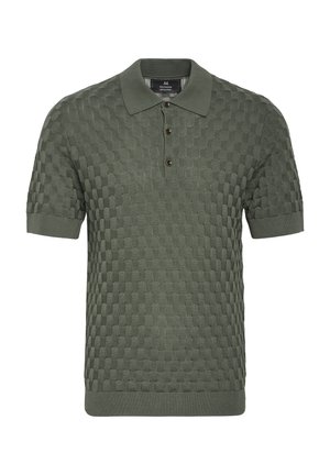 Olive green knitted polo shirt featuring a checkered texture, three-button placket, and ribbed collar and cuffs for a fitted look.