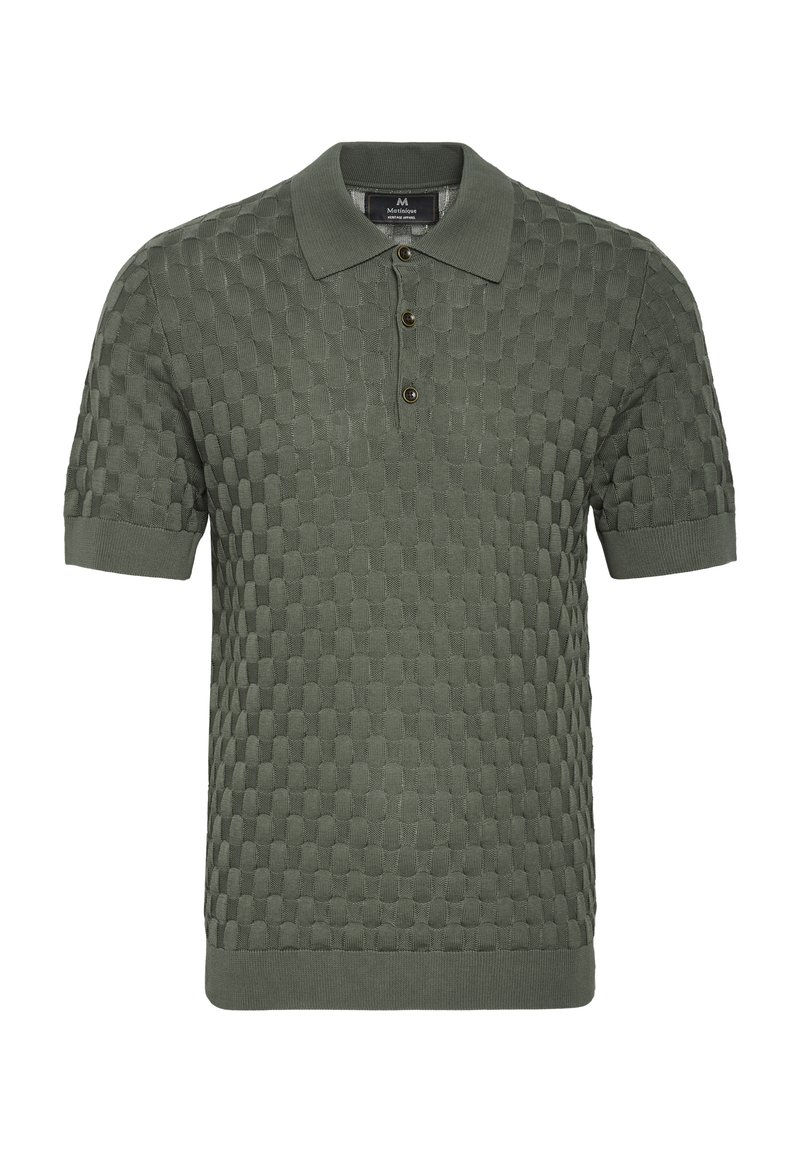 Olivgrünes gestricktes Poloshirt mit karierter Textur, dreiknöpfiger Knopfleiste sowie geripptem Kragen und Bündchen für eine figurbetonte Passform.