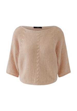 Hellbeiger, gestrickter Damenpullover mit U-Boot-Ausschnitt und kurzen Ärmeln, mit einem zentralen Zopfmuster-Detail.