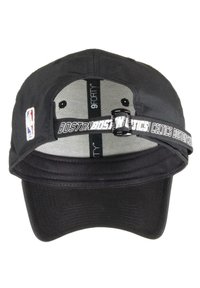 Black baseball cap features a structured design, flat visor, and adjustable back strap with "Boston Celtics" text. NBA logo is on the side.