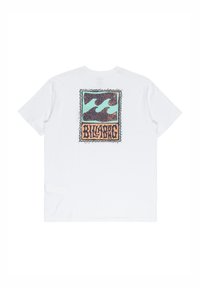 White cotton t-shirt featuring a multicolored graphic print on the back with wave designs and stylized text, round neck, short sleeves.