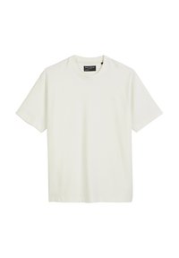 Weißes Baumwoll-T-Shirt mit rundem Ausschnitt und kurzen Ärmeln. Verfügt über ein dezentes Logo auf der Vorderseite und hat eine lockere Passform. Glatte Textur.