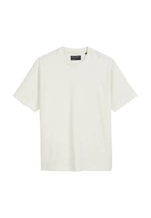 T-shirt en coton blanc avec un col rond et des manches courtes. Présente un logo subtil sur le devant et une coupe décontractée. Texture lisse.