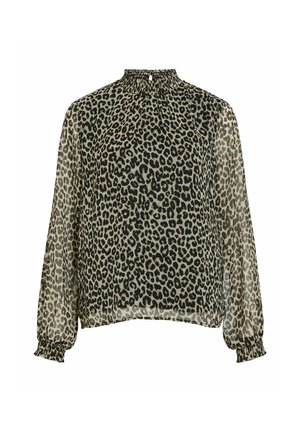 Blouse met luipaardprint, hoge nek, lange doorschijnende mouwen, elastische manchetten en een iets losse pasvorm. Gemaakt van lichtgewicht, doorschijnende stof.