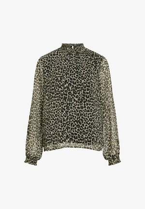 Blouse à imprimé léopard avec un col montant, de longues manches transparentes, des poignets élastiques et une coupe légèrement ample. Fabriquée en tissu léger et translucide.