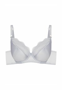 Light gray bra with underwire, lace detailing at the top edge, adjustable straps, and a wide, smooth back band.
