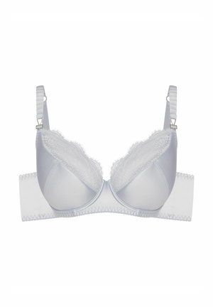 Light gray bra with underwire, lace detailing at the top edge, adjustable straps, and a wide, smooth back band.