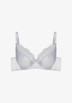Light gray bra with underwire, lace detailing at the top edge, adjustable straps, and a wide, smooth back band.