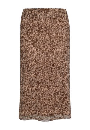 Brauner und beiger Leopardenmuster knielanger Bleistiftrock mit tailliertem Bund und geradem Saum.
