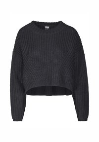 Pull court en maille épaisse noire avec manches longues et col rond côtelé.