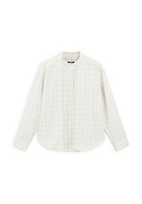 Chemise blanche à motif à carreaux, avec un devant plissé, une fermeture à boutons et un col mao. Manches longues avec poignets à boutons.