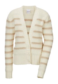Crème kleurige cardigan met beige strepen, gebreide textuur, V-hals, geribbelde manchetten en drie knopen aan de voorkant, wat zorgt voor een gezellige uitstraling.